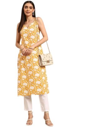 rytras Women's Cotton Printed Straight Sleeveless Kurta
